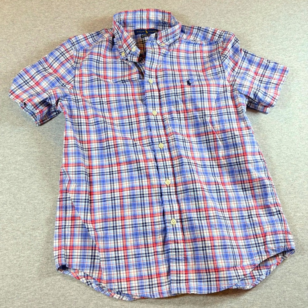 Ralph Lauren Button Down Shirt Boys L 14-16 Blue Red Plaid Short Sleeve Stretch